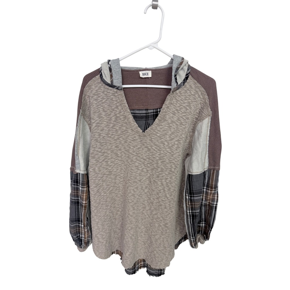 BKE Mixed Media Patchwork Hoodie Plaid Waffle Knit Thermal Pullover Brown Medium